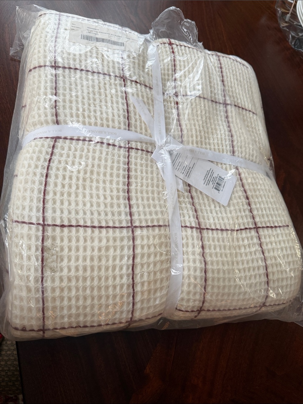 Boll & Branch Waffle Weave Check Blanket - Cream with Burgundy Grid full/queen